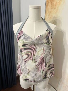 Y2k Vintage Pink & Sage Swirl Halter Top Backless Size Small